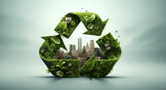 Recycling symbol made of green foliage with cityscape inside